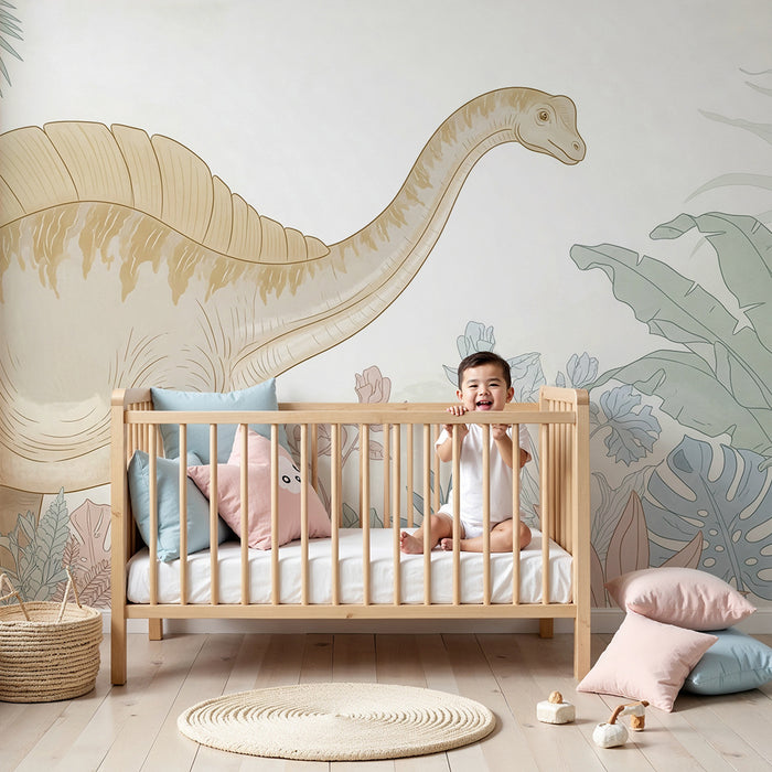 Kids room wallpaper | Majestic dinosaur in the middle of a colorful jungle