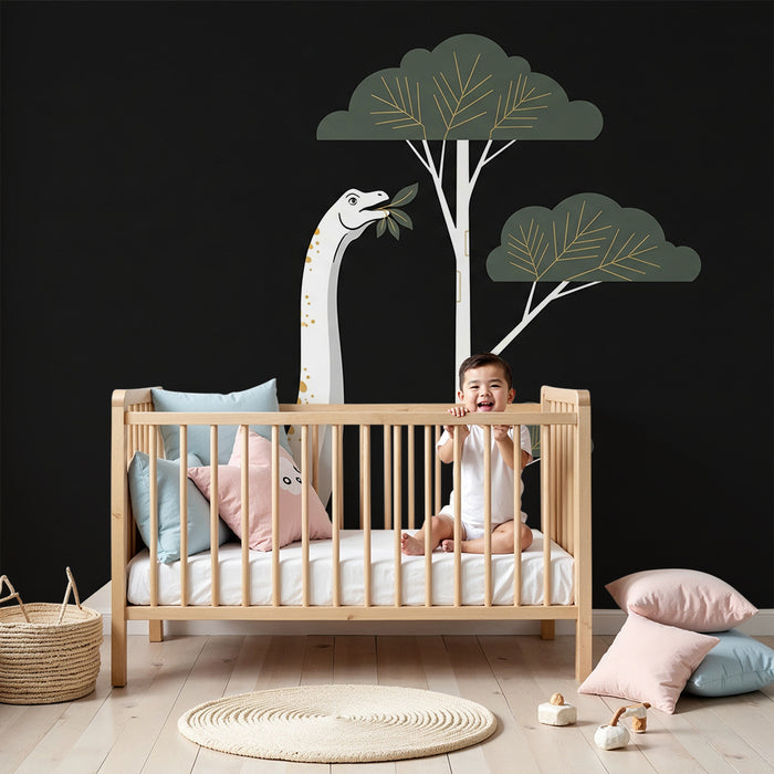 Papier peint chambre enfant | Dinosaure majestueux et arbres stylisés sur fond noir