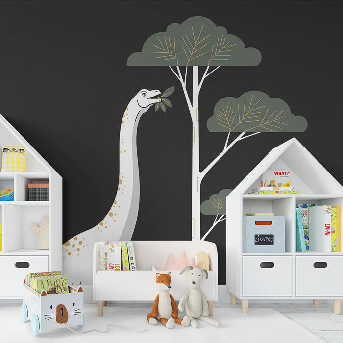 Papier peint chambre enfant | Dinosaure majestueux et arbres stylisés sur fond noir