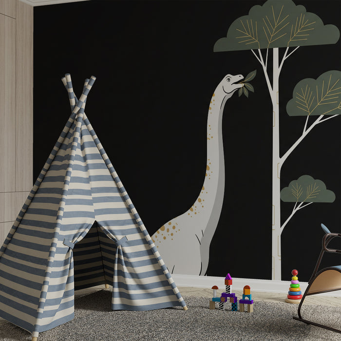 Papier peint chambre enfant | Dinosaure majestueux et arbres stylisés sur fond noir