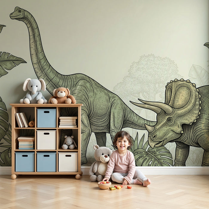 Lastenhuoneen tapetti | Majesteettinen dinosaurus ja rehevä kasvillisuus