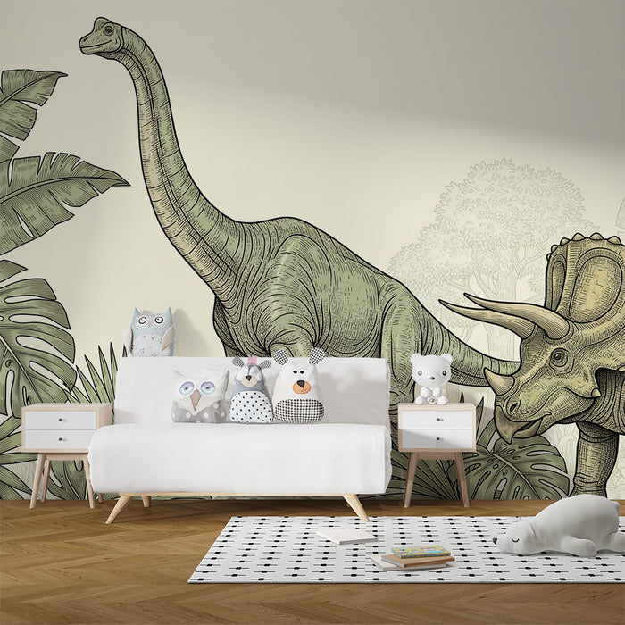 Lastenhuoneen tapetti | Majesteettinen dinosaurus ja rehevä kasvillisuus