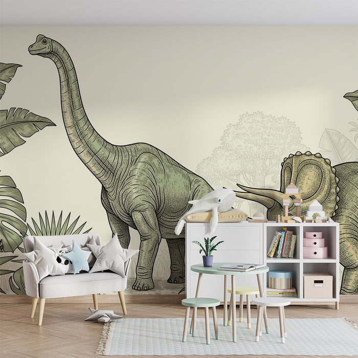 Lastenhuoneen tapetti | Majesteettinen dinosaurus ja rehevä kasvillisuus