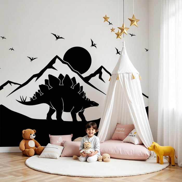 Kids' Room Wallpaper | Majestic Dinosaurs and Mountains Under a Starry Sky