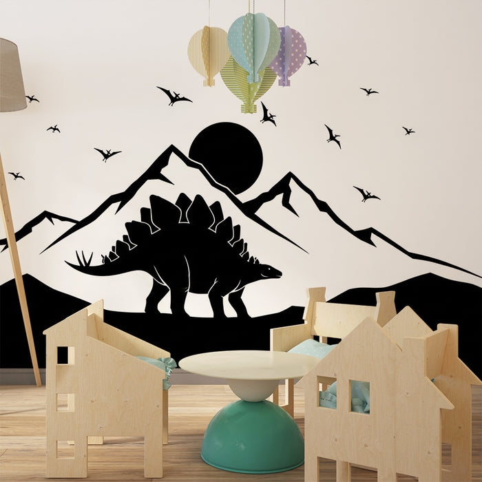Kids' Room Wallpaper | Majestic Dinosaurs and Mountains Under a Starry Sky