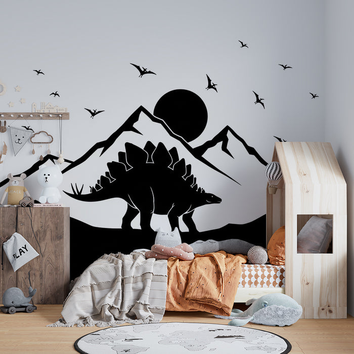 Kids' Room Wallpaper | Majestic Dinosaurs and Mountains Under a Starry Sky