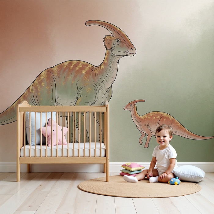 Kinderzimmer Tapete | Majestätischer Dinosaurier und sein Junges in einer prähistorischen Umgebung