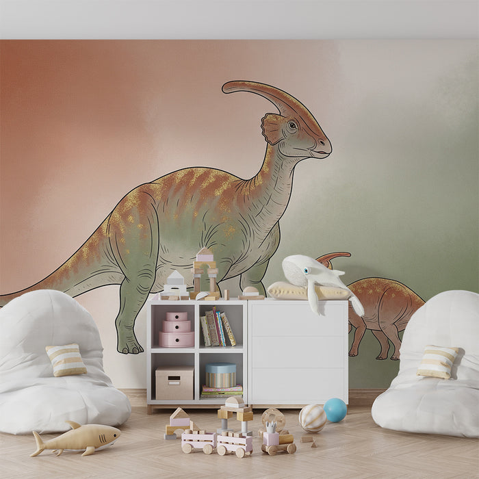 Kinderzimmer Tapete | Majestätischer Dinosaurier und sein Junges in einer prähistorischen Umgebung