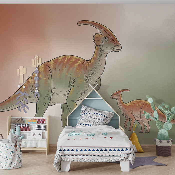 Kinderzimmer Tapete | Majestätischer Dinosaurier und sein Junges in einer prähistorischen Umgebung