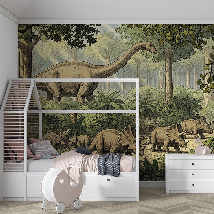 Lastenhuoneen tapetti | Majesteettinen dinosaurus ja triceratopsi esihistoriallisessa metsässä