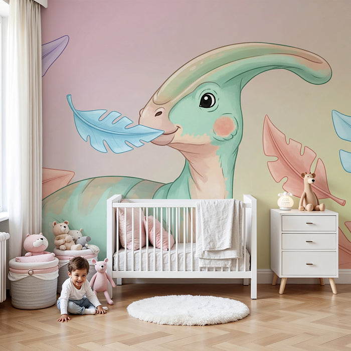 Kinderzimmer Tapete | Niedlicher Dinosaurier mit bunten Blättern