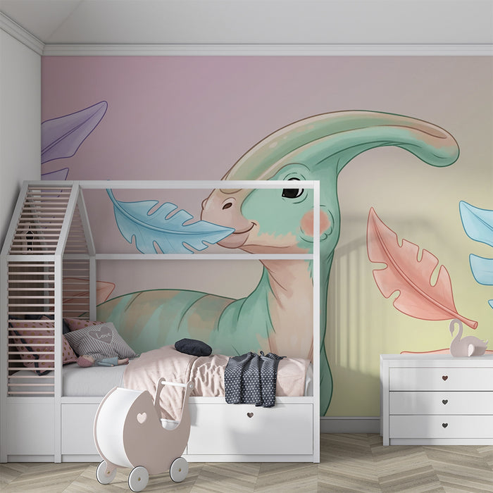 Kinderzimmer Tapete | Niedlicher Dinosaurier mit bunten Blättern
