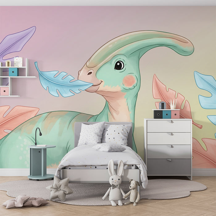 Kinderzimmer Tapete | Niedlicher Dinosaurier mit bunten Blättern
