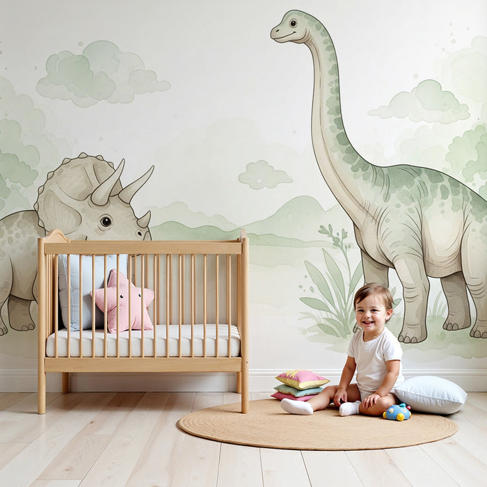 Dětská tapeta | Rozkošný dinosaurus s triceratopem a brachiosauřím v jemné krajinné.