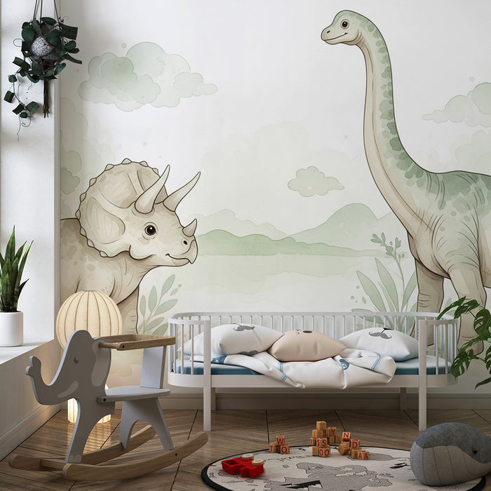 Dětská tapeta | Rozkošný dinosaurus s triceratopem a brachiosauřím v jemné krajinné.