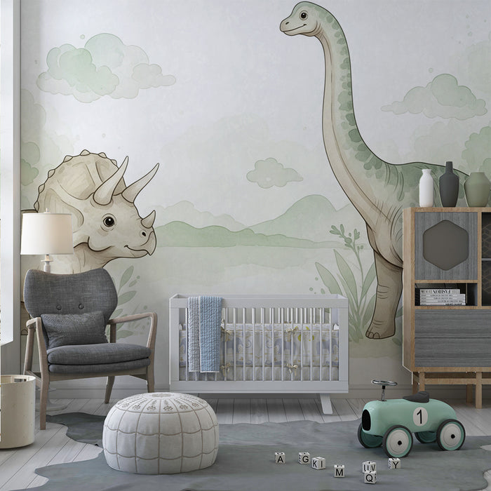 Dětská tapeta | Rozkošný dinosaurus s triceratopem a brachiosauřím v jemné krajinné.