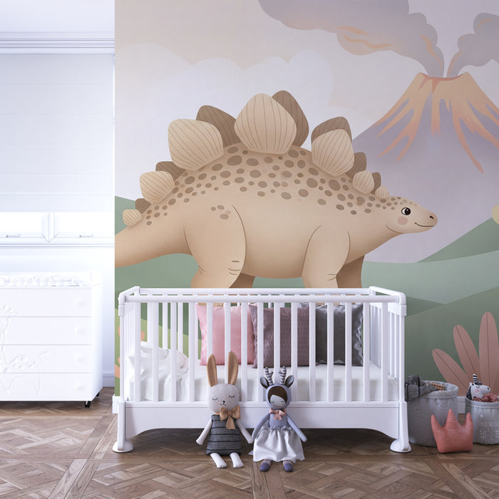 Papel pintado infantil | Lindo dinosaurio en un paisaje prehistórico