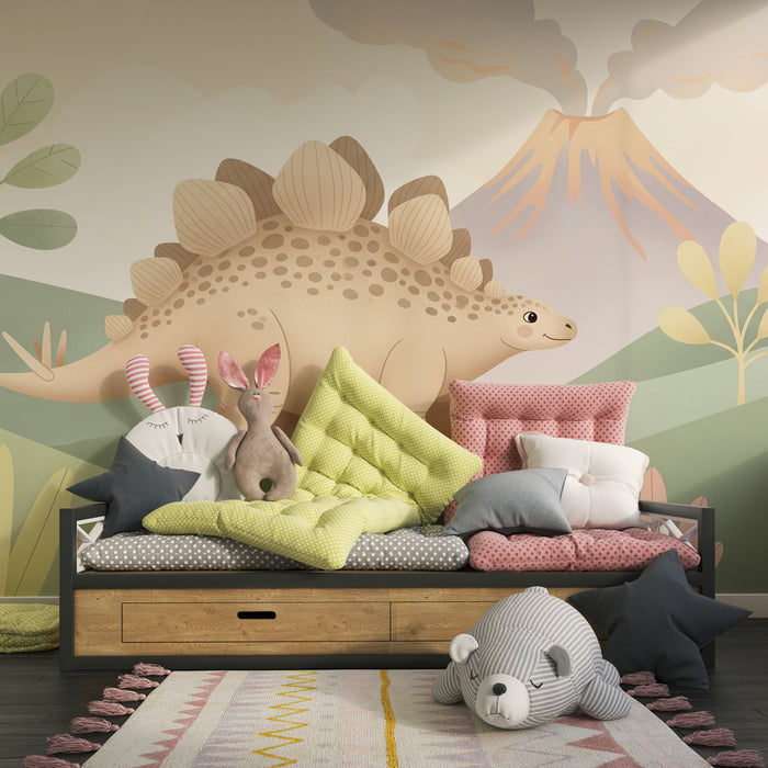 Papel pintado infantil | Lindo dinosaurio en un paisaje prehistórico