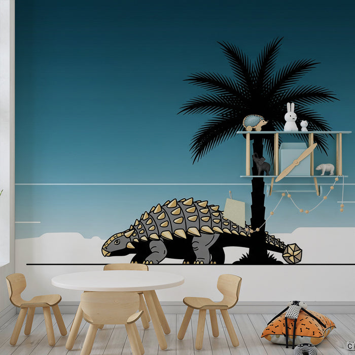 Kinderkamer behang | Schattige dinosaurus onder een palmboom in een gestileerd landschap