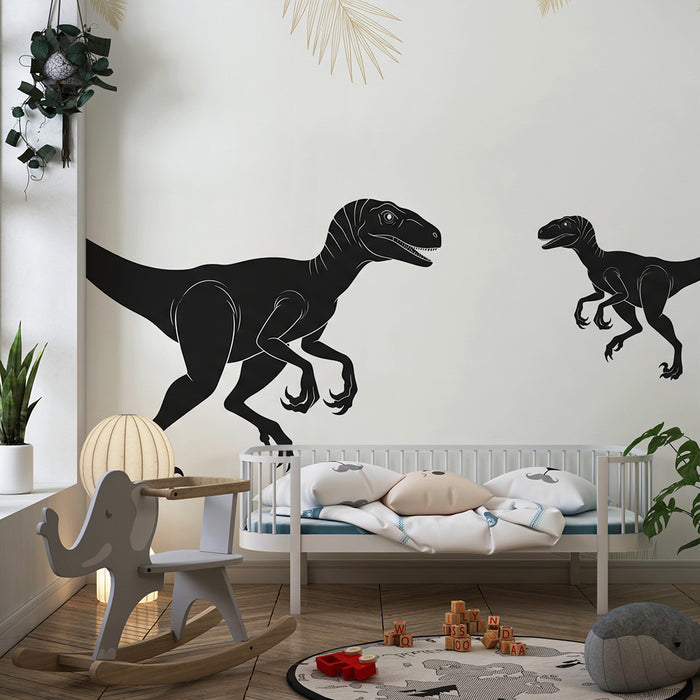 Børneværelse tapet | Sort dinosaur på lys baggrund med tropiske blade