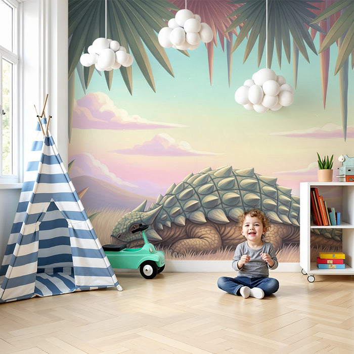 Kids room wallpaper | Peaceful dinosaur under a colorful jungle