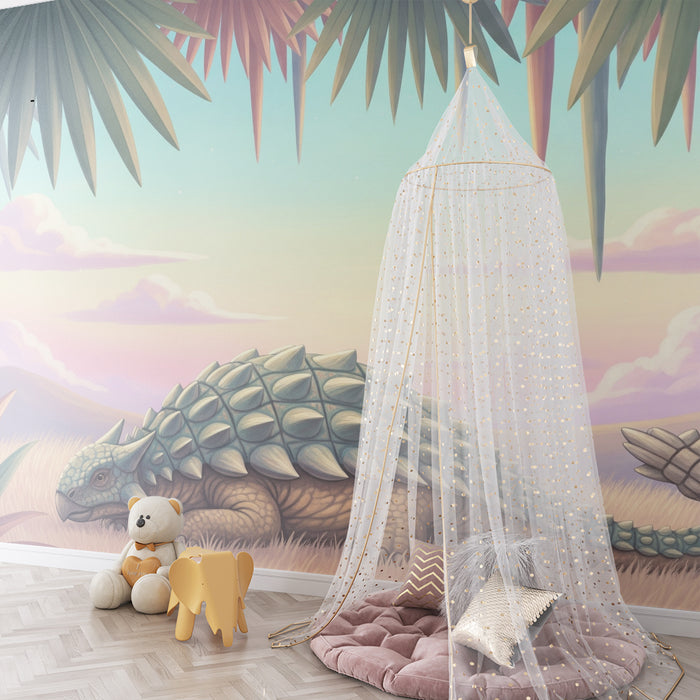 Kids room wallpaper | Peaceful dinosaur under a colorful jungle