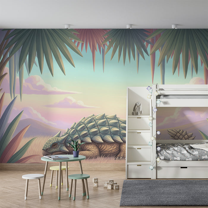 Kids room wallpaper | Peaceful dinosaur under a colorful jungle