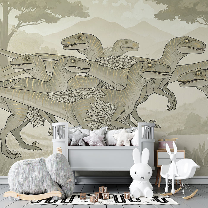 Børneværelse tapet | Raptor dinosaur i en forhistorisk landskab