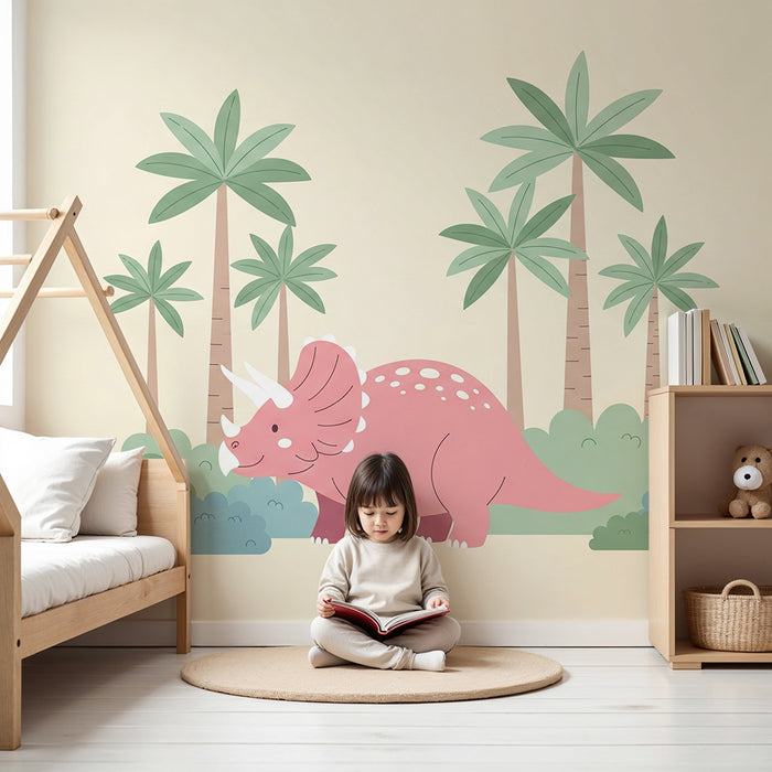 Dětská tapeta | Růžový dinosaurus a palmy v hravém prostředí