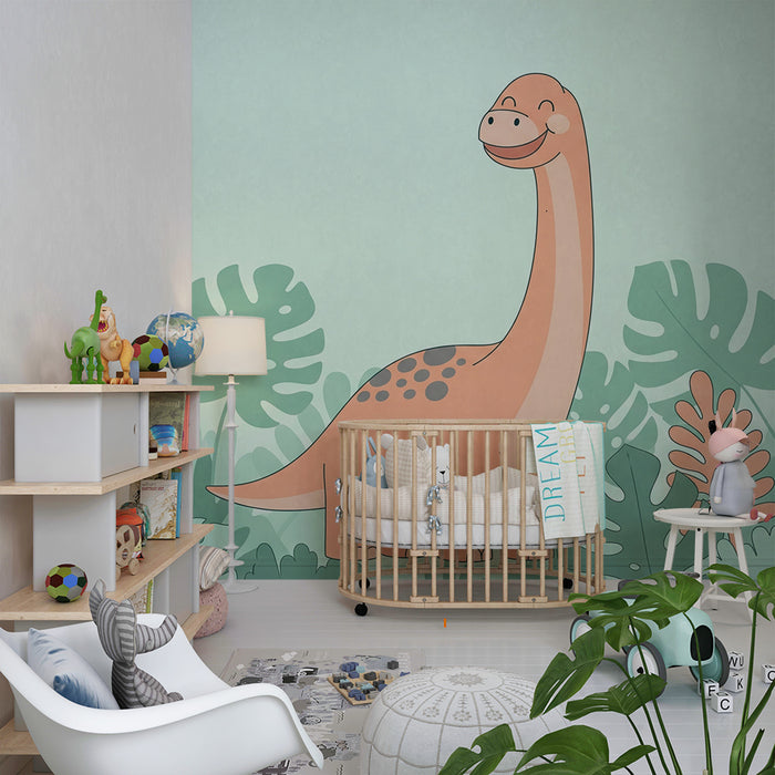 Gyermekszoba tapéta | Mosolygó dinoszaurusz trópusi levelek között
