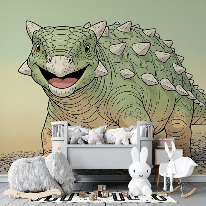 Papel de parede criança | Dinossauro sorridente e paisagem pré-histórica