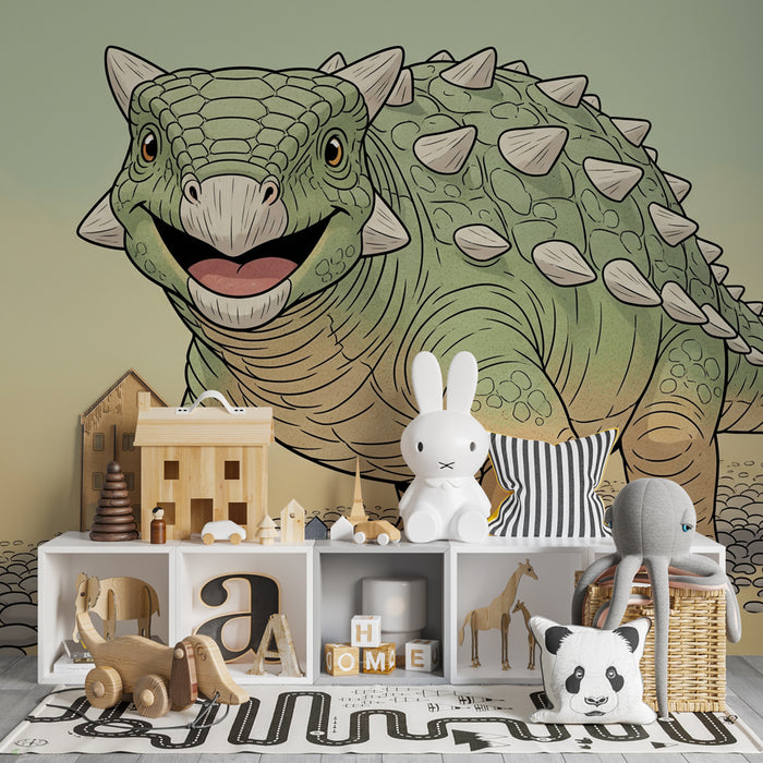 Papel de parede criança | Dinossauro sorridente e paisagem pré-histórica
