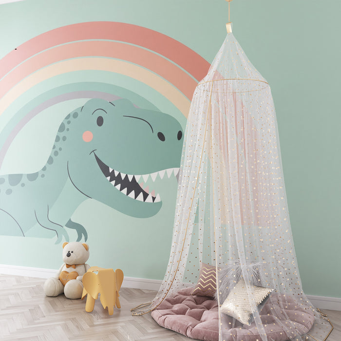 Gyerekszoba tapéta | Mosolygó dinoszaurusz pasztell szivárvány alatt