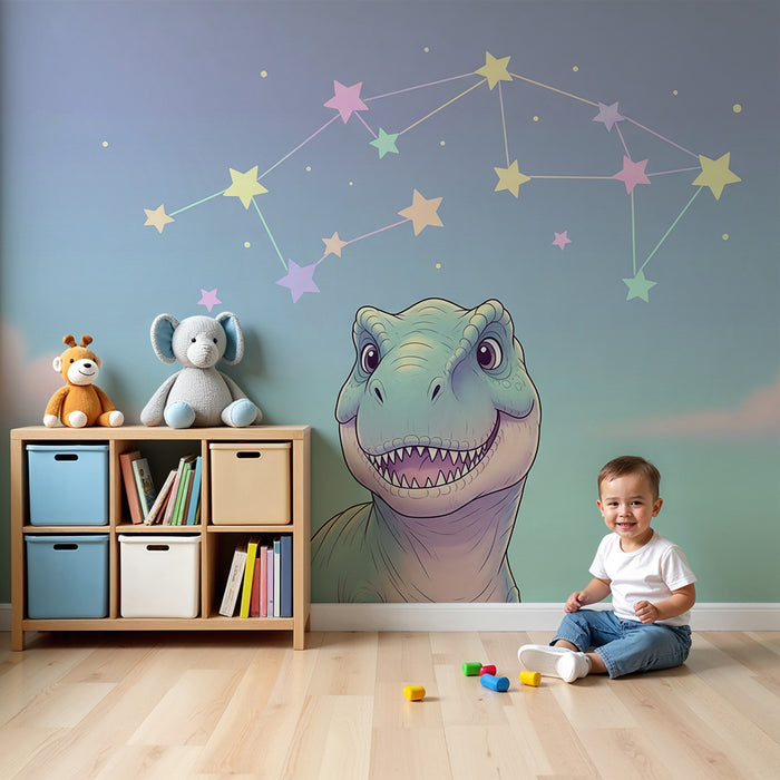 Tapet barnerom | Smilende dinosaurus under en pastellstjernet himmel