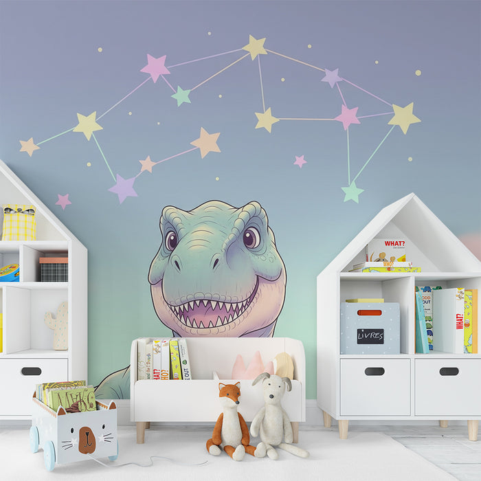 Tapet barnerom | Smilende dinosaurus under en pastellstjernet himmel