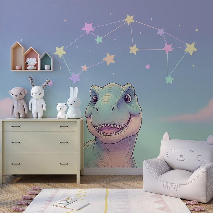 Tapet barnerom | Smilende dinosaurus under en pastellstjernet himmel