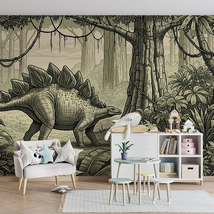 Kinderkamer behang | Stegosaurus dinosaurus in een prehistorische jungle