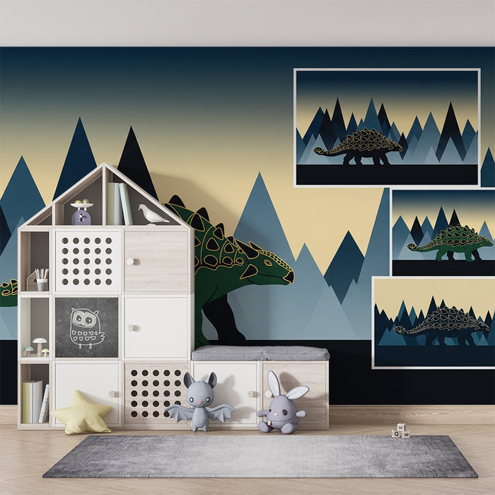 Tapet barnerom | Stilisert dinosaurus på bakgrunn av geometriske fjell