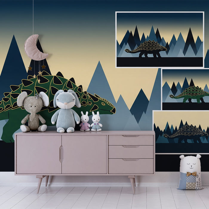 Tapet barnerom | Stilisert dinosaurus på bakgrunn av geometriske fjell