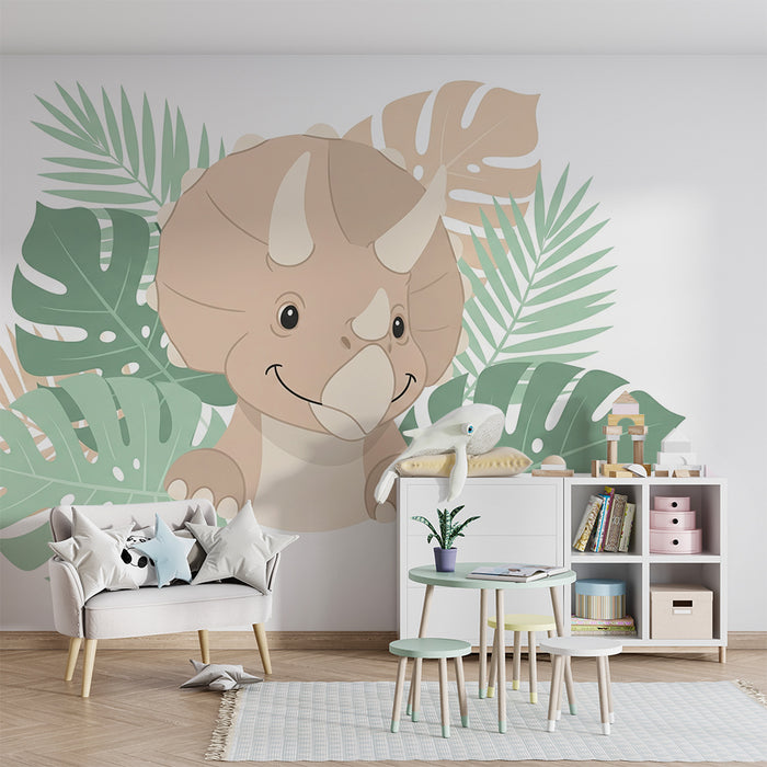 Gyermekszoba tapéta | Mosolygó Triceratops dinoszaurusz trópusi növényzet között