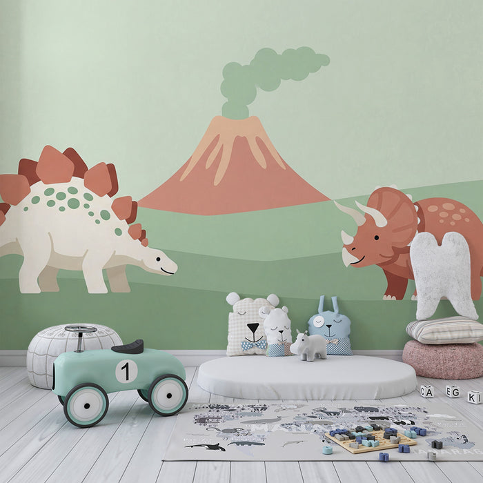 Gyerekszoba tapéta | Barátságos dinoszauruszok és vulkán egy őstörténeti tájban