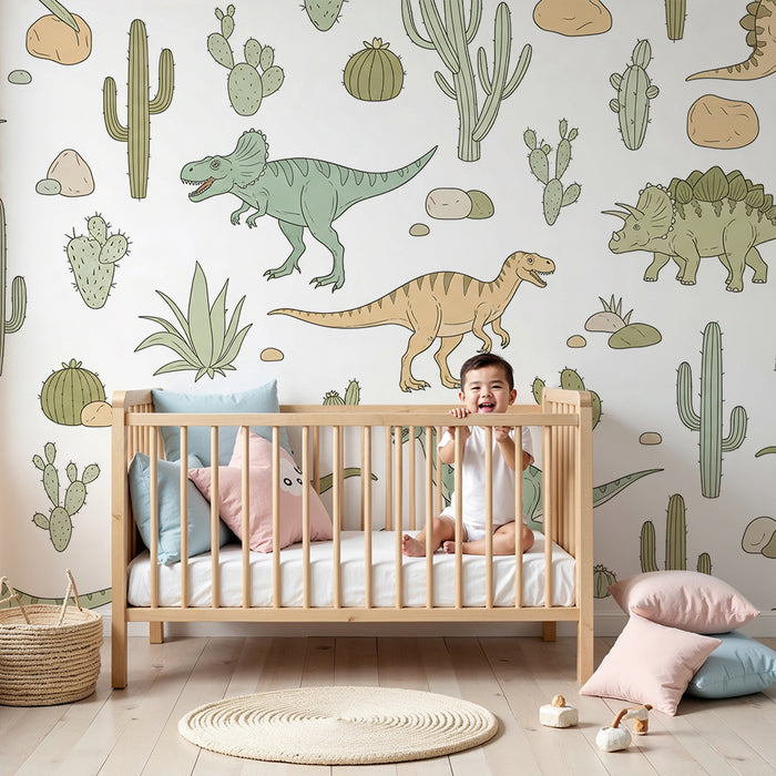 Kinderkamer behang | Grappige dinosaurussen te midden van cactussen en rotsen