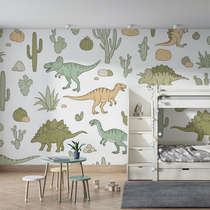 Kinderkamer behang | Grappige dinosaurussen te midden van cactussen en rotsen