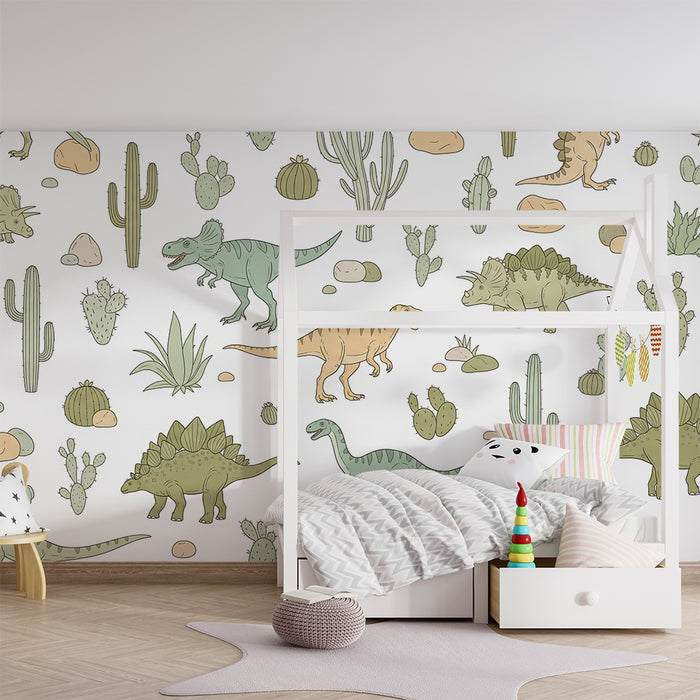 Kinderkamer behang | Grappige dinosaurussen te midden van cactussen en rotsen