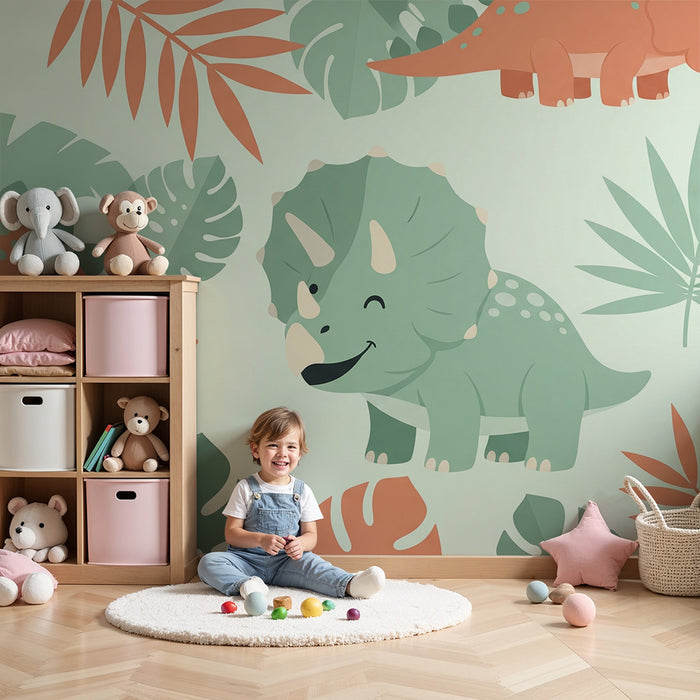 Kinderzimmer Tapete | Lustige Dinosaurier inmitten bunter Blätter