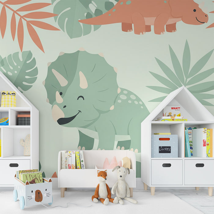 Kinderzimmer Tapete | Lustige Dinosaurier inmitten bunter Blätter