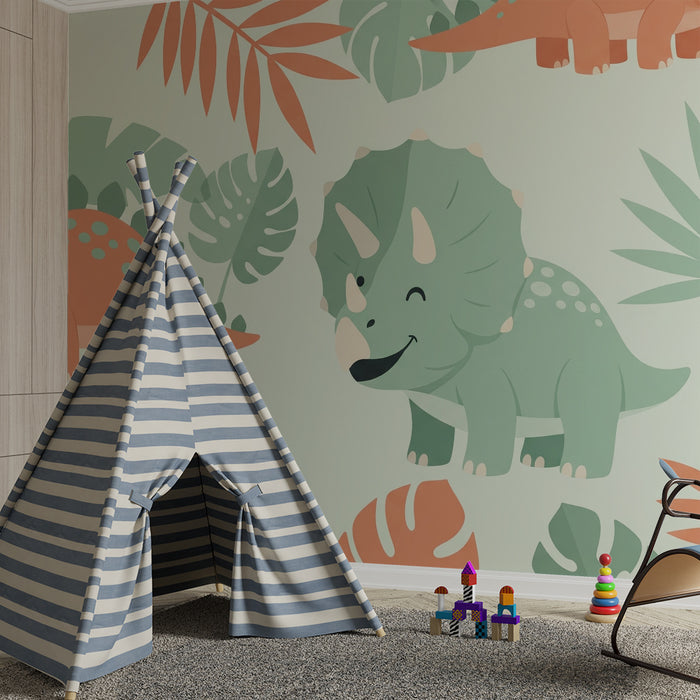 Kinderzimmer Tapete | Lustige Dinosaurier inmitten bunter Blätter