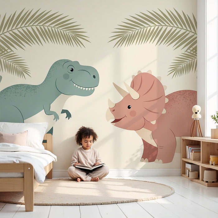 Detská izba tapeta | Zábavné dinosaury uprostred paliem