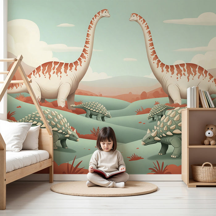Gyermekszoba tapéta | Vicces dinoszauruszok egy őskori tájban