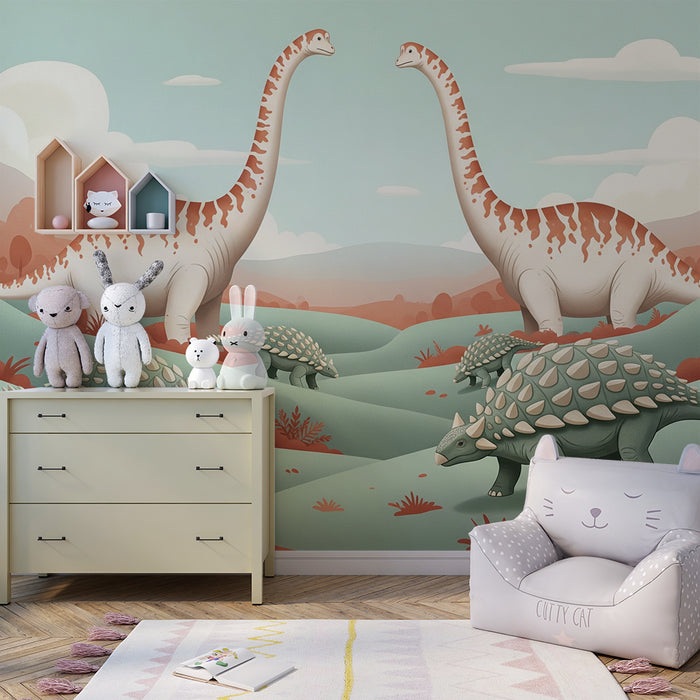 Gyermekszoba tapéta | Vicces dinoszauruszok egy őskori tájban